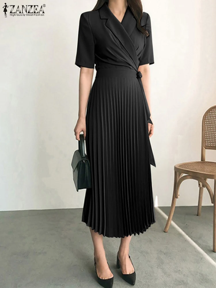

ZANZEA Elegant Vintage Loose Work OL Midi Vestidos Sundress Women Summer Dress Solid Lapel Short Sleeve Lace-Up Pleated Robe