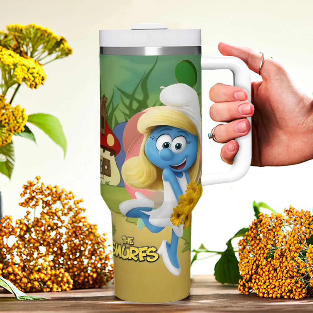 Стакан The-Smurfs на 40 унций с ручкой и соломенной крышкой. Изолированные стаканы из