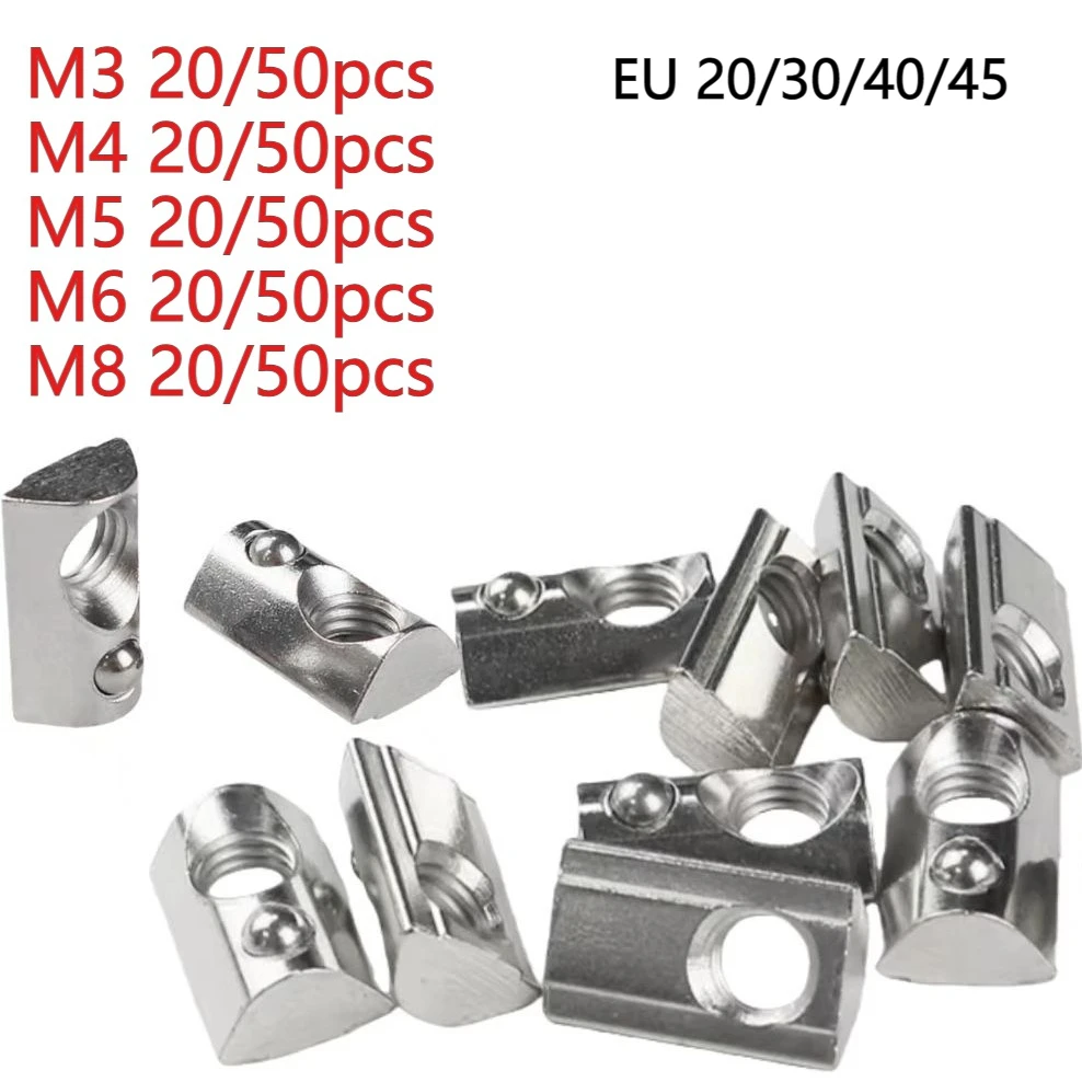 M3 M4 M5 M6 M8, Т-образная гайка европейского стандарта из алюминиевого профиля, эластичная стальная шариковая гайка для 3D-принтера серии 20/30/40/45