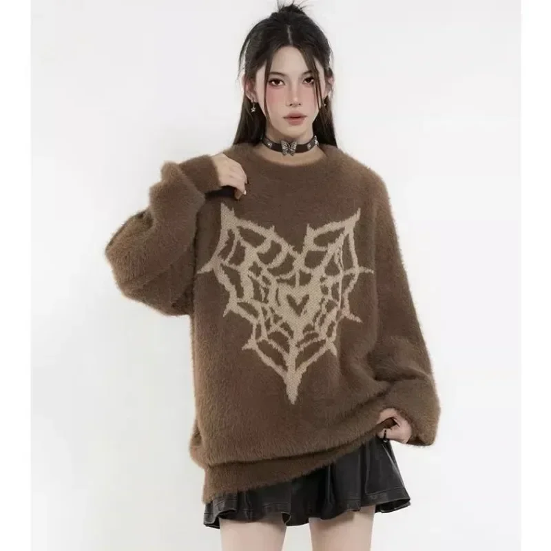 Винтажные вязаные свитера Y2k с принтом паутины и круглым вырезом длинными