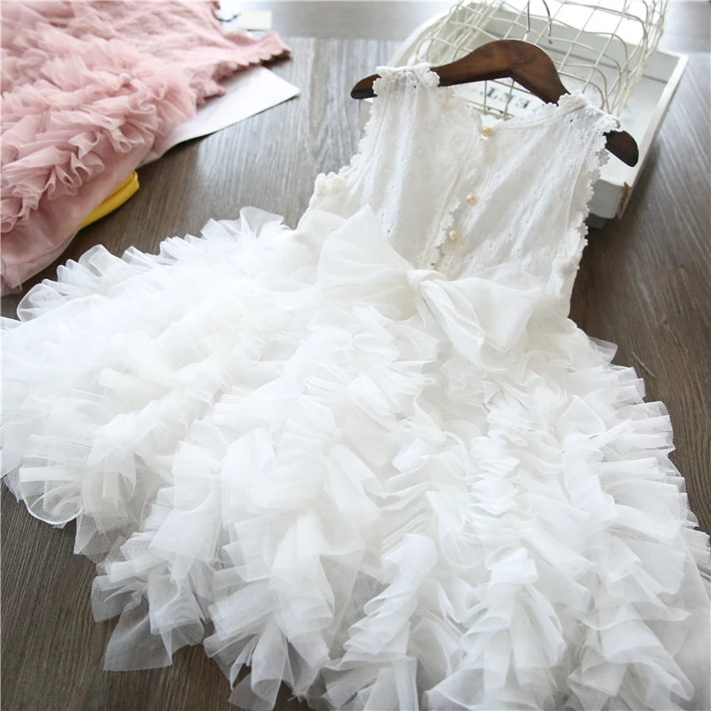 

White Lace Little Girl Princess Dress Fluffy Cake Smash Dresses Kids Wedding Party Wear Birthday Tutu Gown Children Clothes 3-8T