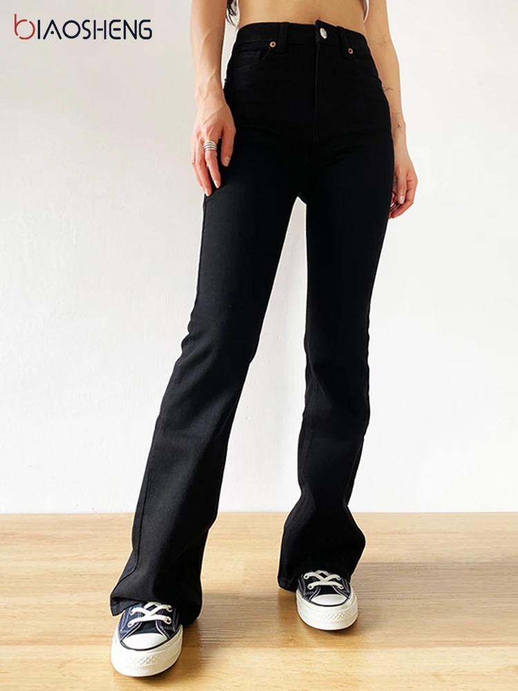 Flared Jeans Woman High Waist Denim Trousers For Female Vintage Clothes Fashion Black Full Length Oversize Wide Leg Pants 2021
