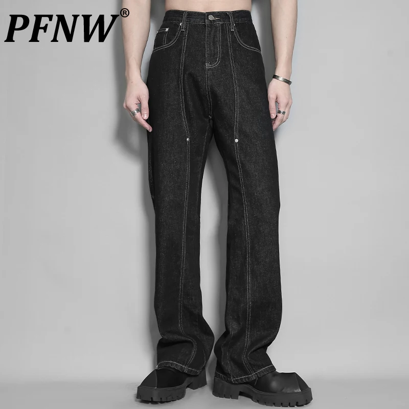 

Мужские джинсовые брюки с заклепками PFNW, прямые однотонные джинсы темно-синего цвета с металлическими заклепками, модель 12A8557 на весну-лето