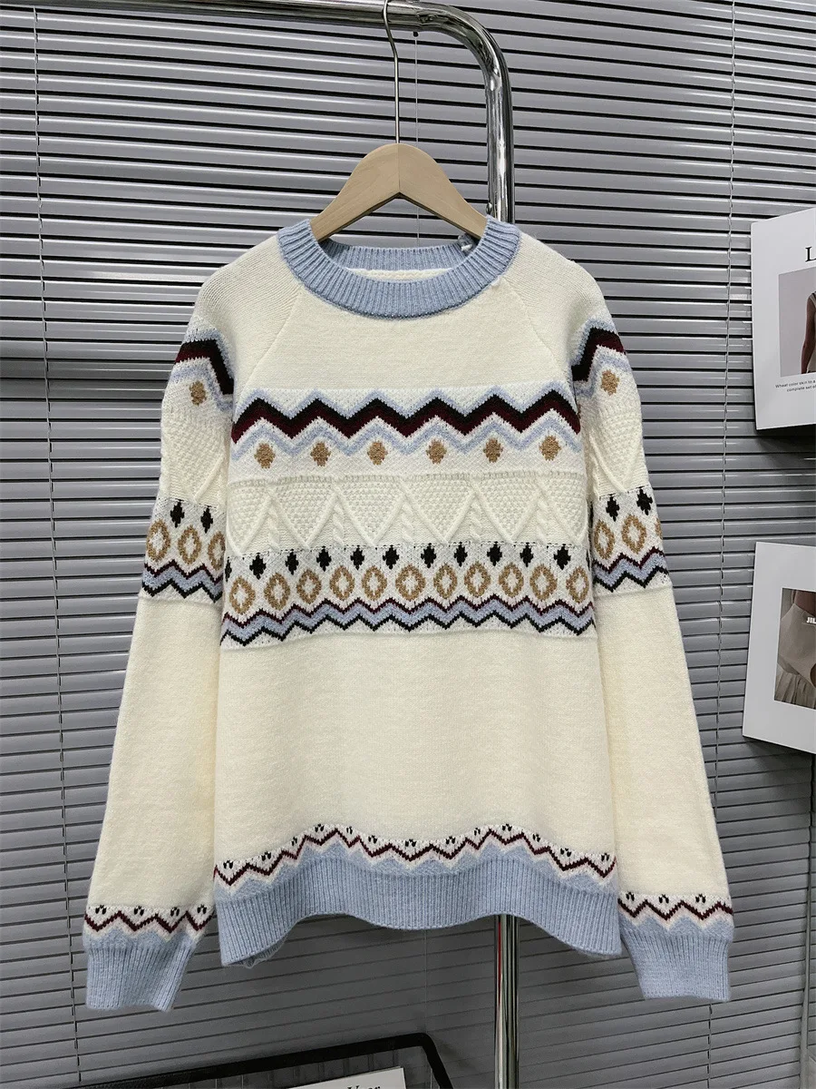 

Осенне-зимний жаккардовый полосатый свитер с круглым вырезом свободные с длинным рукавом винтажные вязаные свитера-пуловеры Топы 2022