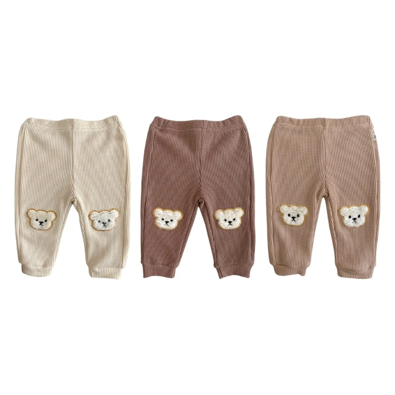 

Брюки для маленьких девочек и мальчиков, трикотажные штаны с вафельным рисунком, однотонные леггинсы в рубчик с медведем, бриджи для весны