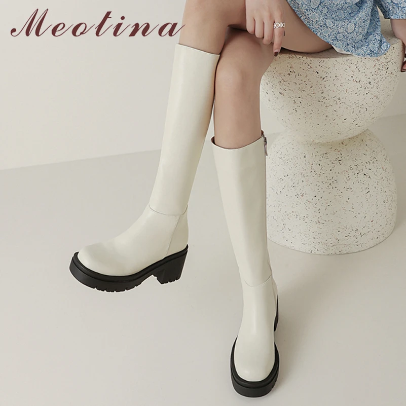 

Женские сапоги до колена на платформе Meotina, высокие сапоги из натуральной кожи, на толстом высоком каблуке, на молнии, с круглым носком, бежевые, Осень-зима