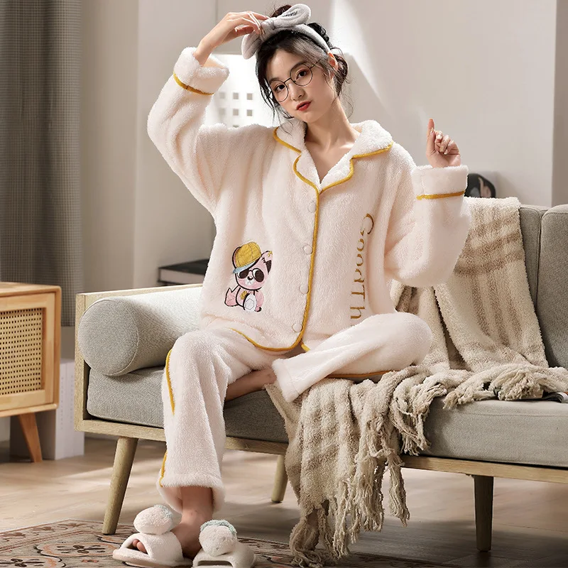 Womens Flannel Warm Pajamas Pyjamas Set Sleepwear Pijama Pajamas Suit Button-Down Female Sleep Two Piece Set Women's Loungewear