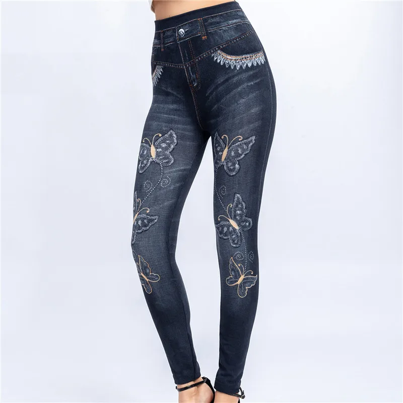 

High Waist Fake Jeans Women Leggings Butterfly Print Ankle Length Pants Super Stretch Skinny Imitation Jeans Leggings 2022