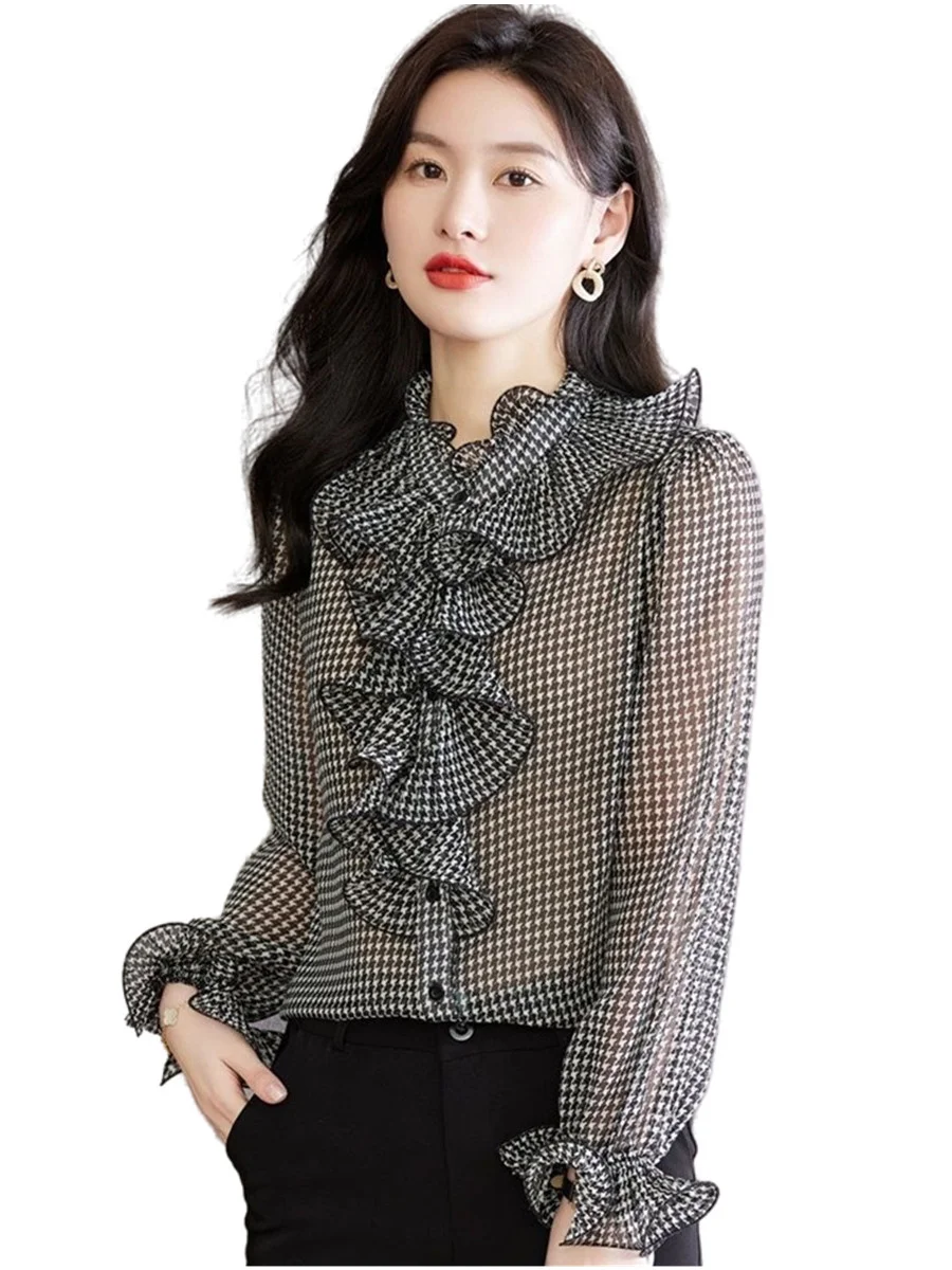 

Блузка женская с коротким рукавом, модная повседневная рубашка в клетку, с оборками на воротнике, топ, 4XL, TT2514, весна-лето