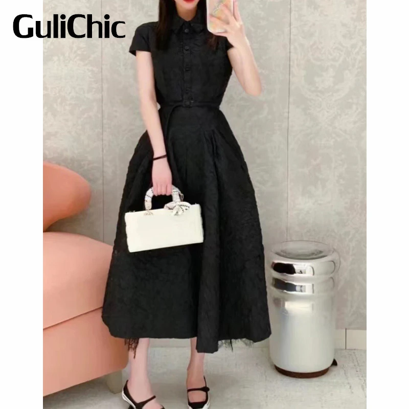 

5.28 GuliChic Women Fashion Jacquard Polo Collar Short Sleeve Patchwork Lace Hem Black Dress With Belt