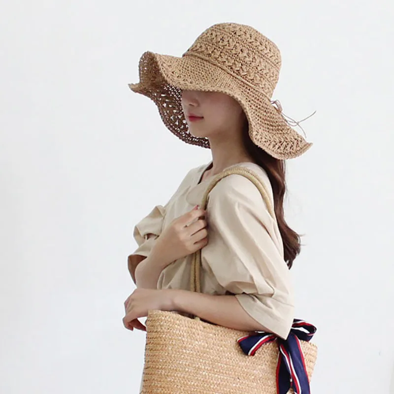 

New Sun Hat Women Summer Beach Big Brimmed Glacier Hat Seaside Vacation Sunshade Sunscreen Foldable Bow Dome Straw Ladies Hats