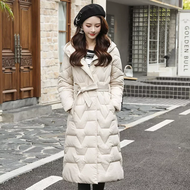 

New2022 Women's Winter Down Jacket Solid Hooded Long Coats Female Stand Collar Slim With Sashes Casual Thick Outerwear