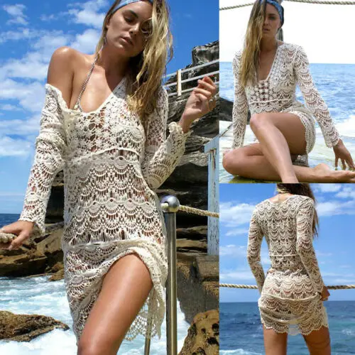 

Summer Women Knit Crochet Bikini Cover Up Mesh Fishnet Swimsuit Ladies Swimwear Bathing Suit Beach Long Dress Female Beachwear