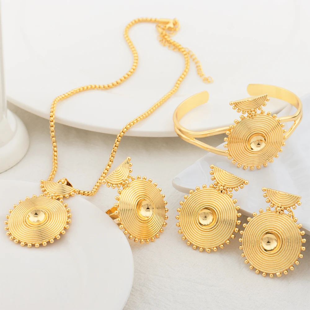 

4pcs Jewelry Set Gold Color Geometry Necklace Earrings Adjustable Ring Cuff Bracelet African Jewellery Dubai Party Wedding Woman