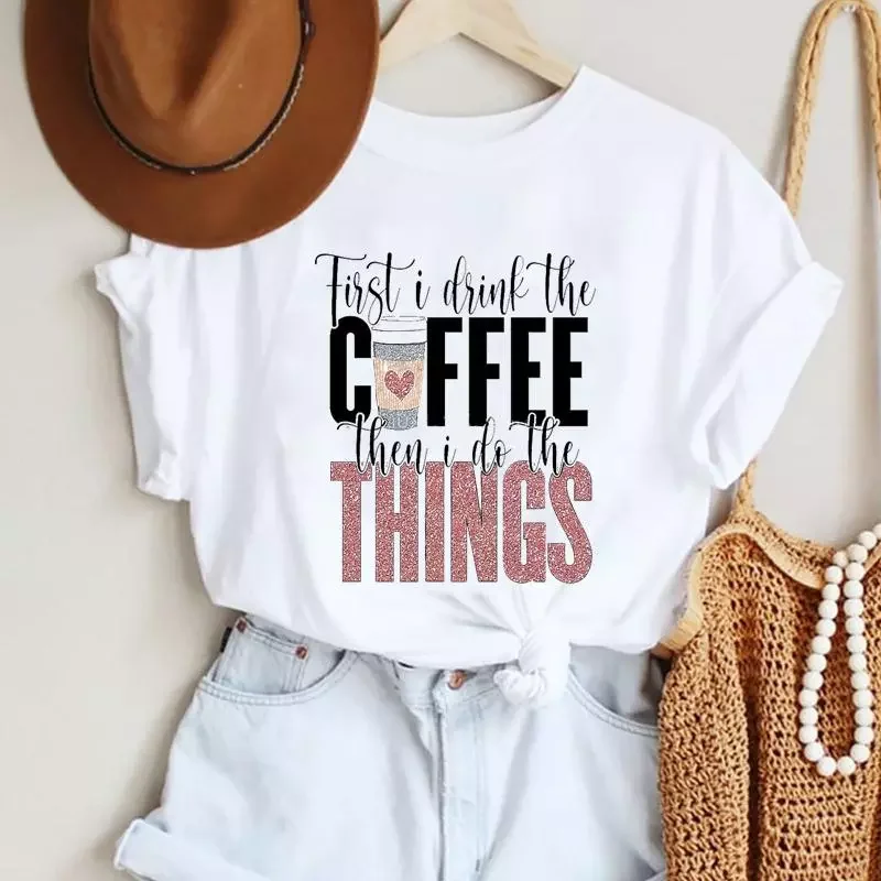 

2023NEW Casual Coffee Letter 90s Cute Women Top Short Sleeve Clothes Lady Fashion Aesthetic Female Summer Tshirt Graphic T-Shirt