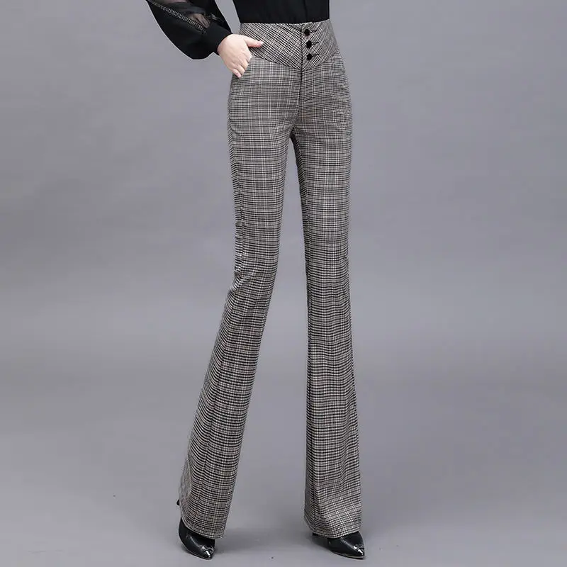 

2022 Spring Autumn Women Classic Plaid Pants Vintage Office Elegant Casual Flare Trousers Female High Waist Pants Workwear W66
