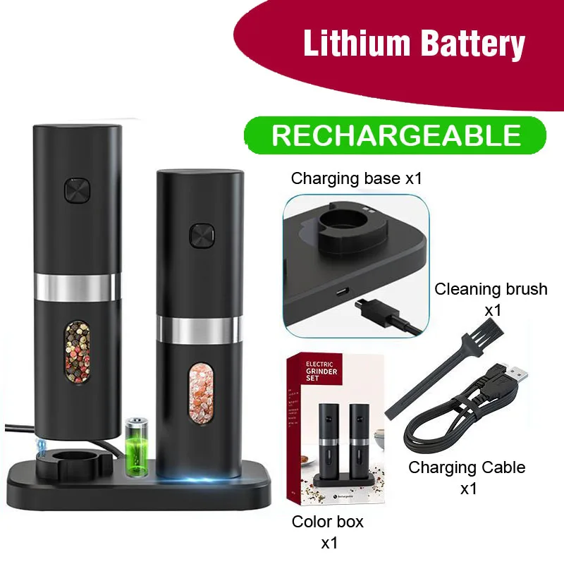 

Electric Salt Pepper Mill Set of 2PCS Adjustable Coarseness Ceramic Grinder Rechargeable with LED Light and holder