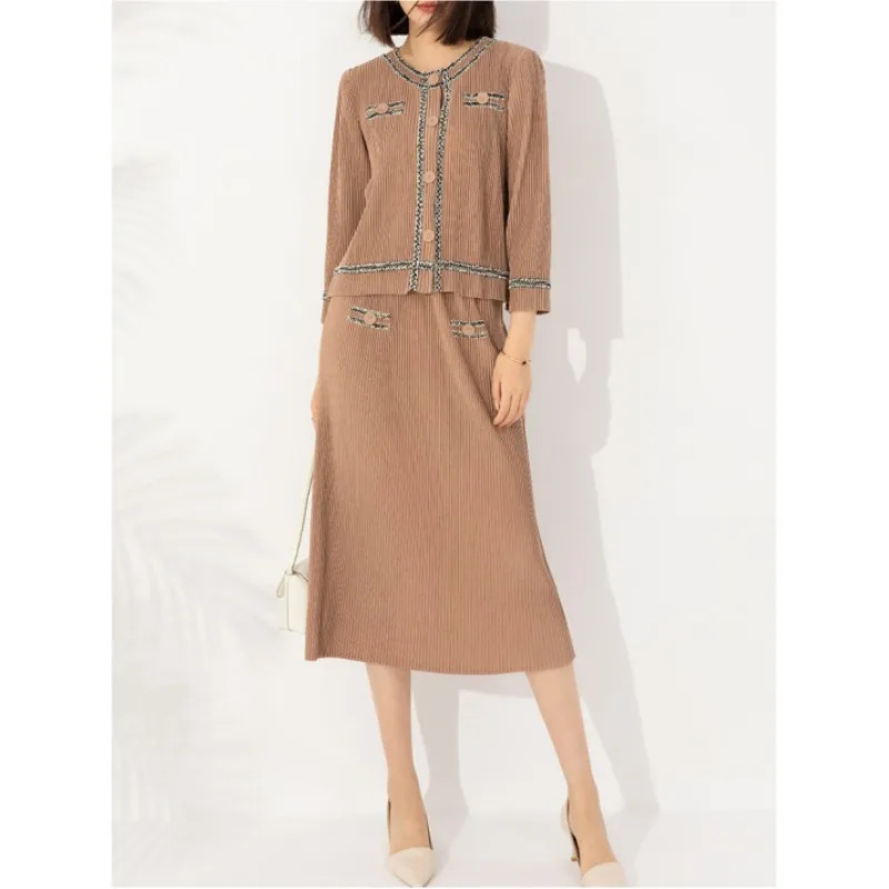 

Женский модный костюм на осень и зиму, плиссированный однобортный топ с длинными рукавами, комплект из двух предметов