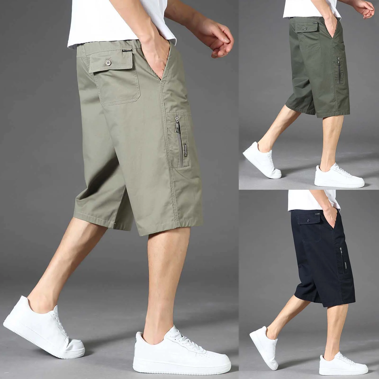

Male Fashion Casual Solid Color Multi Pocket Zipper Buckle Outdoor Shorts Tooling Shorts Cotton Shorts