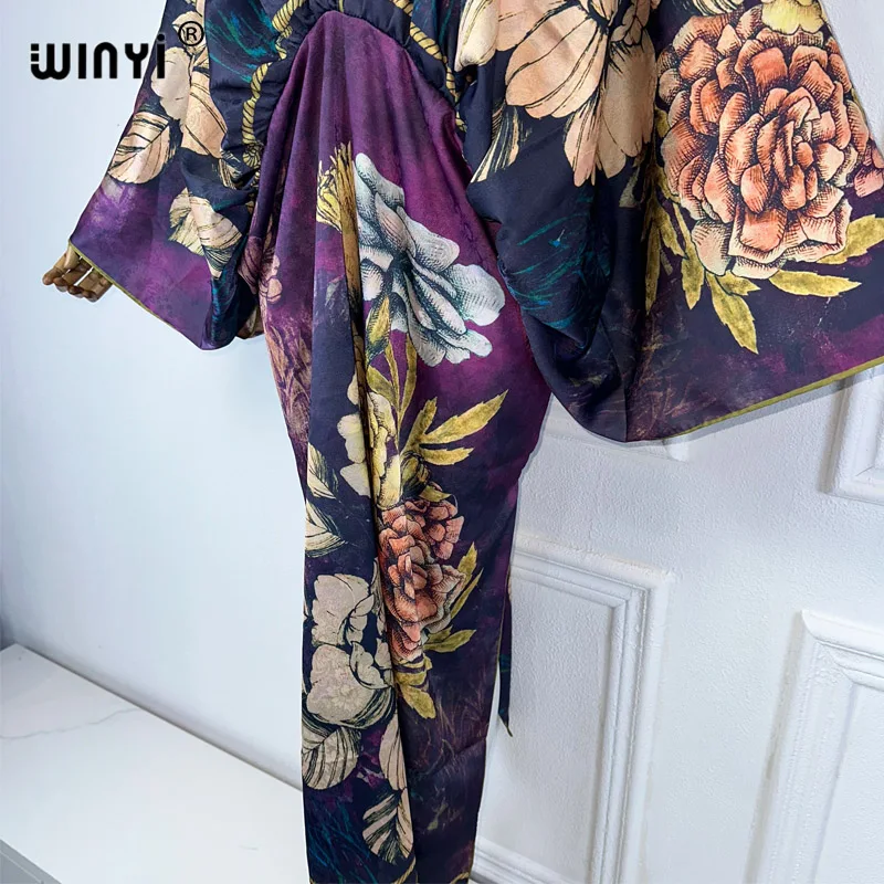 Фото Богемное летнее пляжное платье WINYI, высококачественное двухстороннее Элегантное Шелковое Макси-Платье Бохо с принтом, женское вечернее искусственное платье, кафтан №3