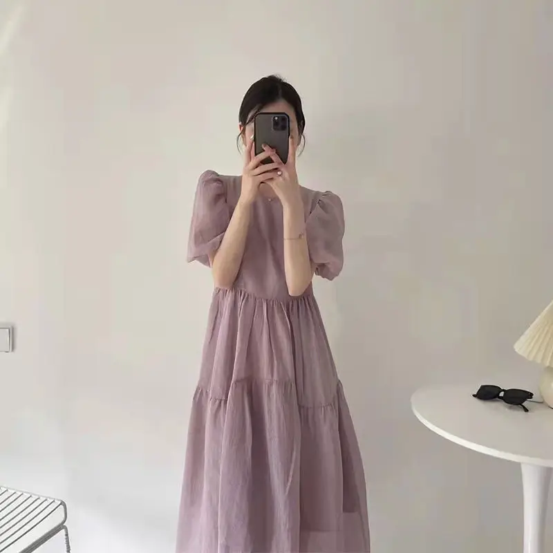 

Женское шифоновое платье-миди с коротким рукавом и круглым вырезом