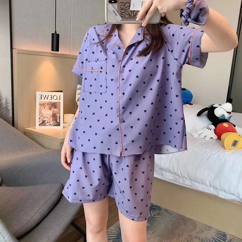 

QWEEK Pajamas with Shorts Korean Style Heart-shaped Printing Daisy Pijamas Women Loungewear Summer Fashion Sleepwear Roomware