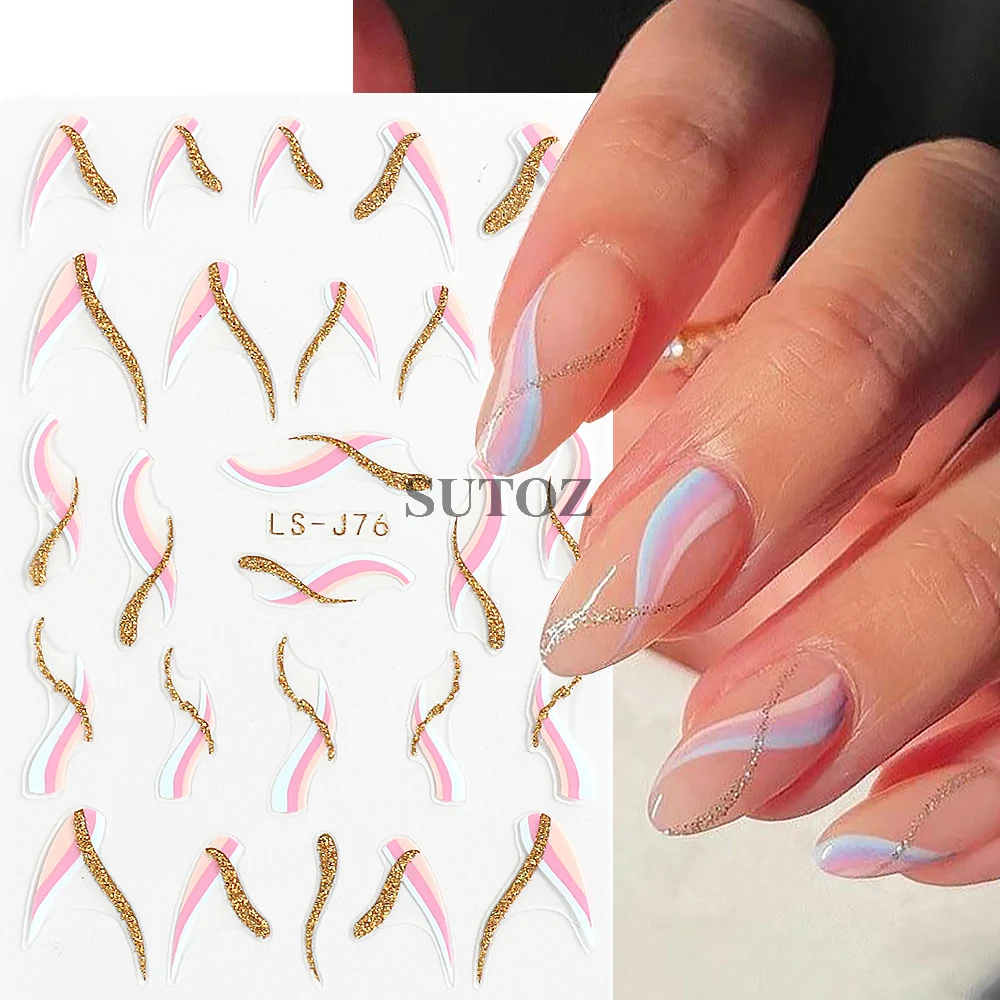 

1Pcs Gold Glitter French Lines Nail Stickers Curve Wave Swirls Nail Decals Pink Stripes Sliders Art Manicure Decoration