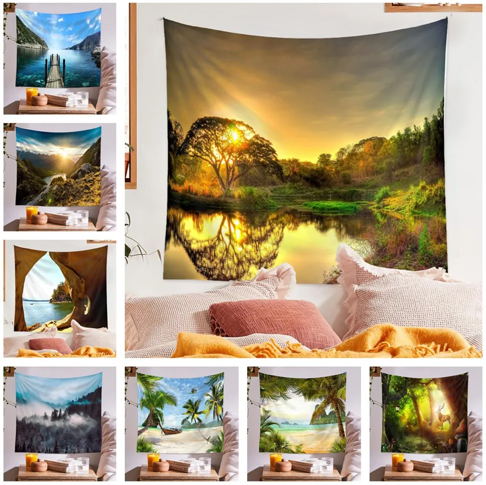 

Sunshine Forest Tapestry Morning Green Trees Woodland Grasses Misty Natural Landscape Wall Hanging for Living Room Bedroom Dorm