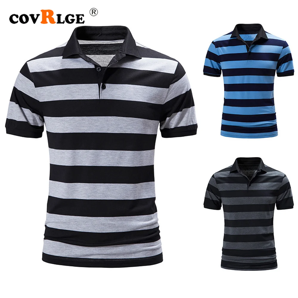 

Covrlge Summer Classic Stripes Trend Polo Shirt for Men Lapel Short Sleeve Men T Shirt Patchwork Poloshirt Slim Fit Male MTP189