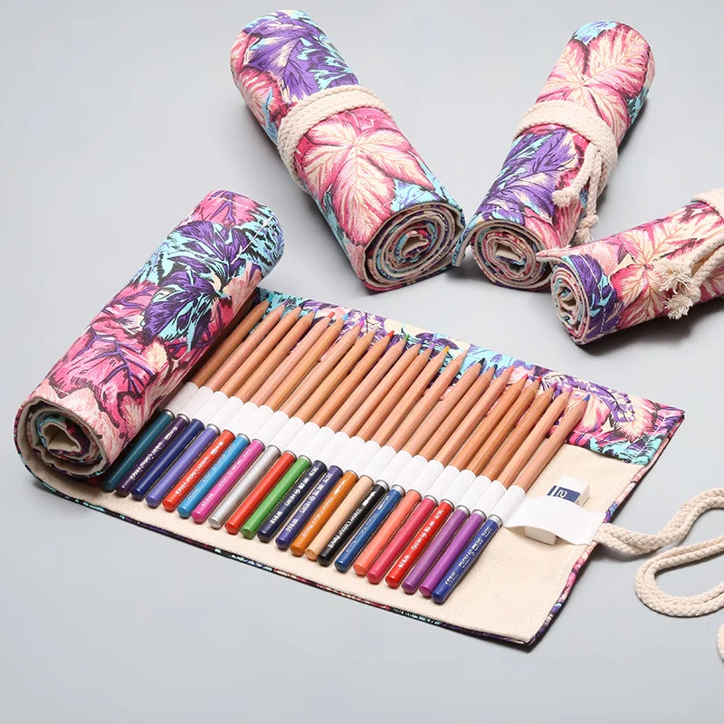 

12/24/36/48/72 Holes Canvas Roll Up Pencil Bag Vintage Flower Pen Curtain Case Makeup Wrap Holder Storage Pouch School Supplies