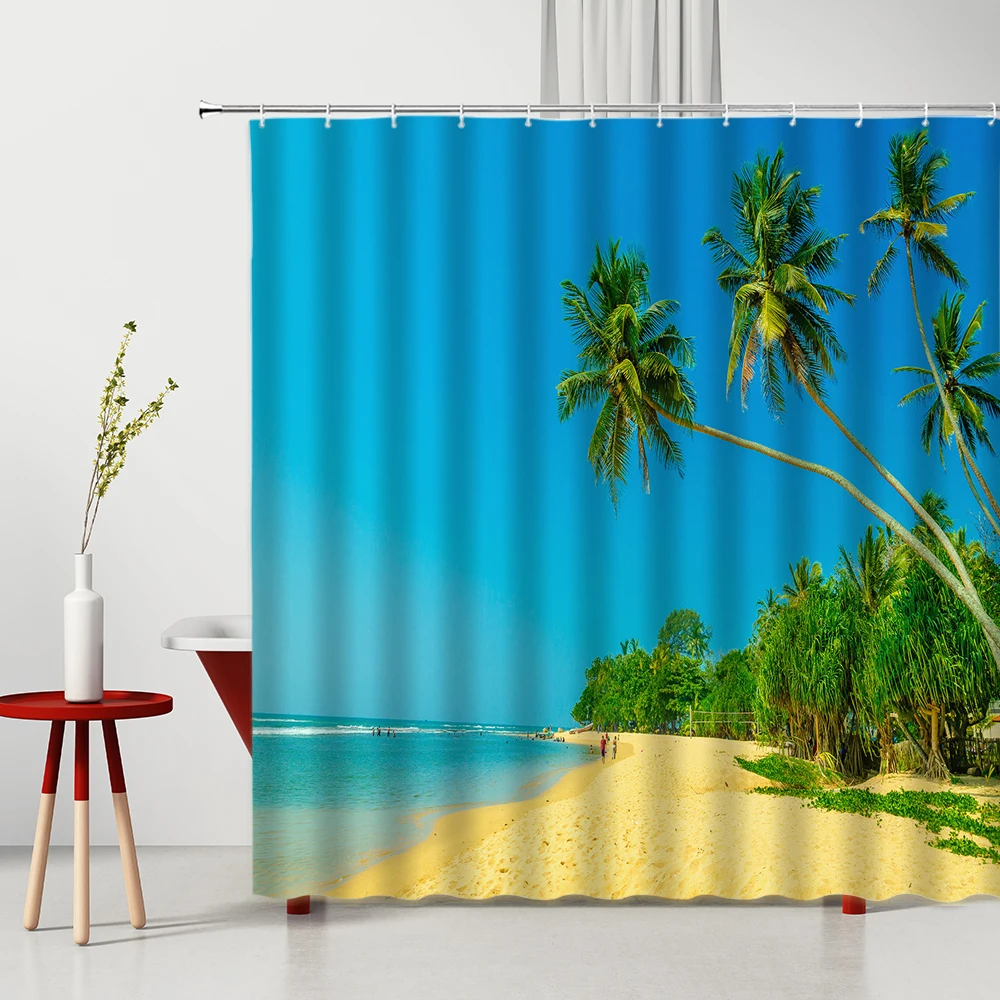 

Plant Seascape Shower Curtain Tropical Ocean Beach Palm Tree Fabric Waterproof Polyester Bathroom Accessories Bath Curtain Decor