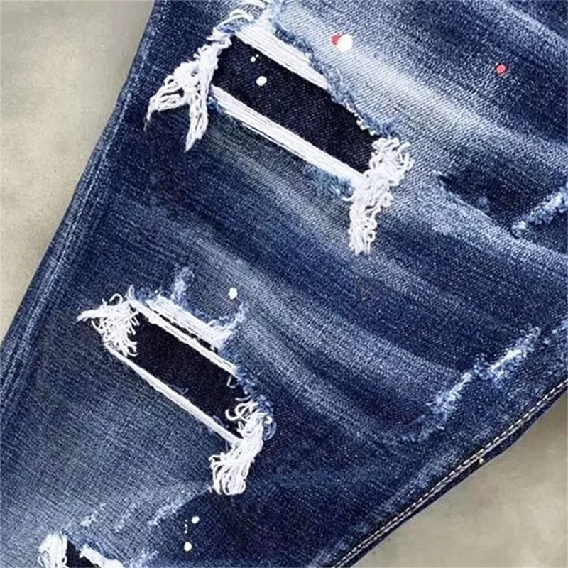 EH·MD® Scratched Holes Embroidered Jeans Men's High Elastic Slim Fit Small Feet Inner Zipper Large Leather Label Splash Dot New