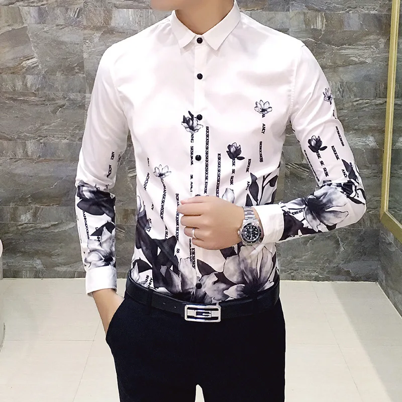 

New men's personality fashion printed shirt, men's casual long-sleeved shirt, tight casual 3D printed shirt men black white 4XL