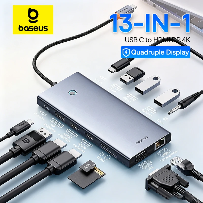 Фото Многофункциональный USB-C хаб Baseus 13-в-1 с 2*HDMI, 1*DP 4K@60Hz, 1*VGA, поддержкой четырех дисплеев, USB 3.2, RJ45, SD, TF, 3.5 мм, PD 100W, Type-C адаптер №1