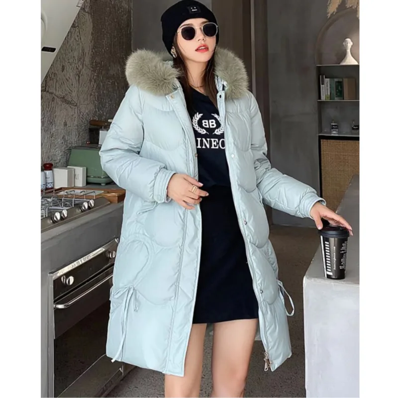 Winter New White Duck Down Jacket Women's Love Stripe Artifical Big Fur Collar Loose Fashion Korean Thickened Warm Down Coat