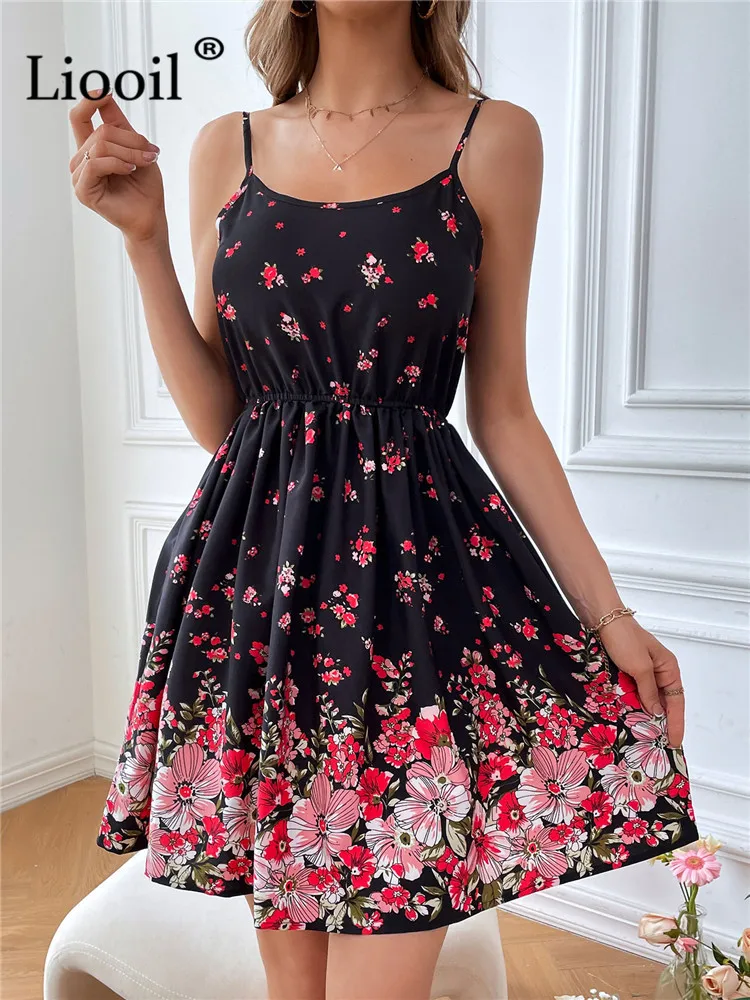 

Liooil Women Floral Print Mini Dress Summer Black Spaghetti Strap Backless High Waist Holiday Party Sexy Beach Short Dresses