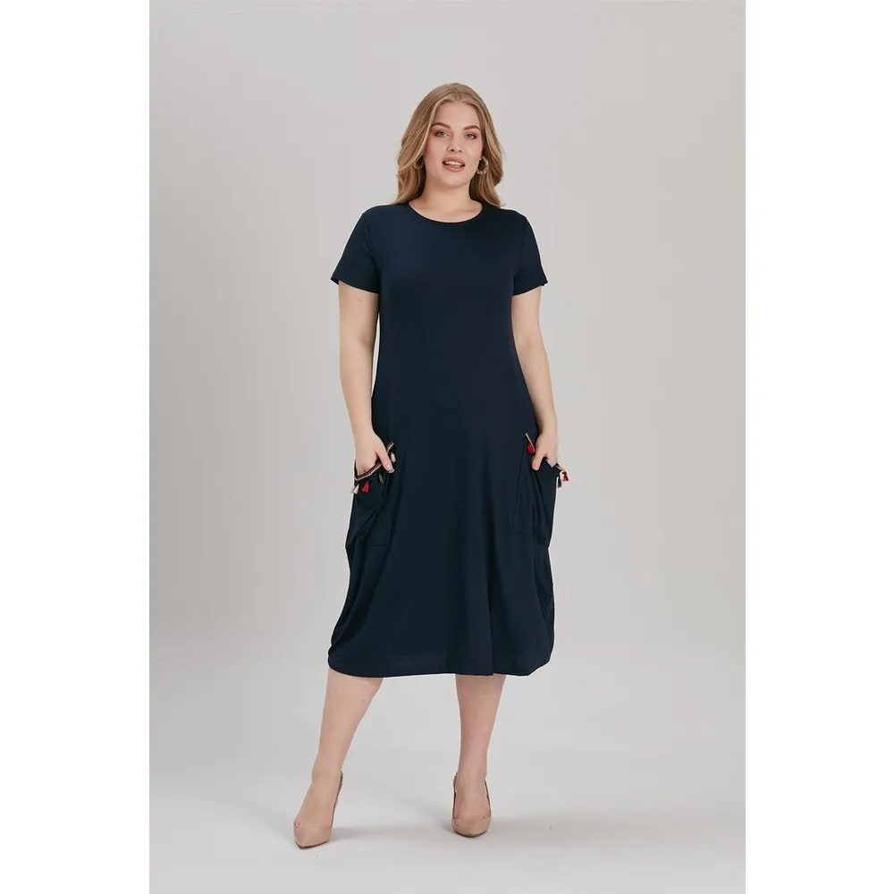 

Dorlie Women Large Size Pockets Tassels Dress Navy Blue