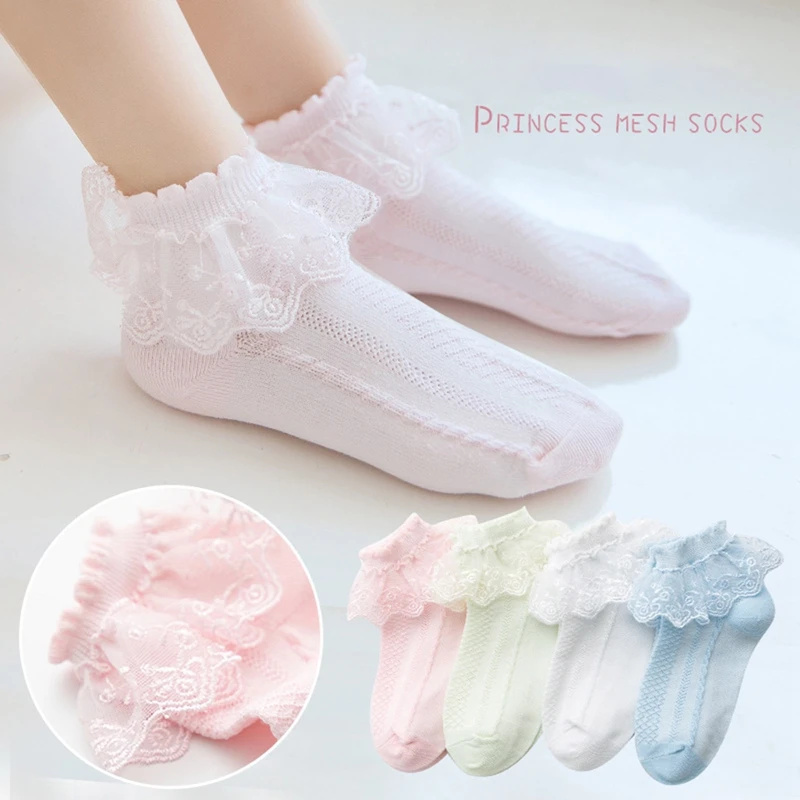 

4 Pairs/lot Baby Girls Kids Socks Lace Ruffle Princess Mesh Children Ankle Short Breathable Cotton White Pink Blue Toddler Sock