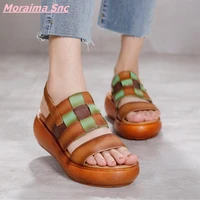 2022 color matching retro rome shoes open toe genuine leather women sandals gingham casual elastic band fashion novelty