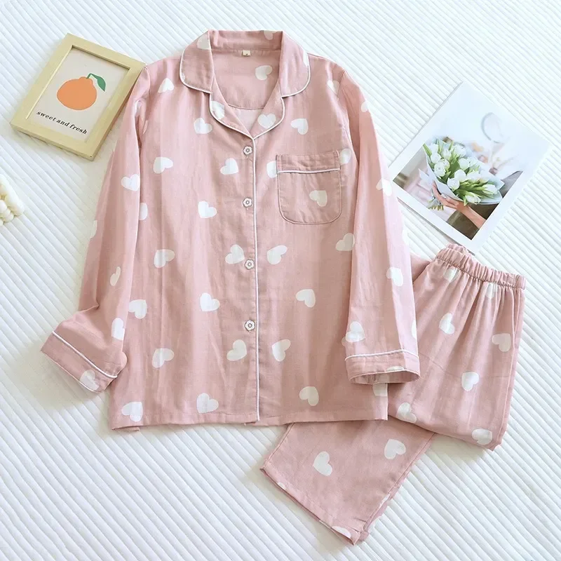 

Printed Turn Spring Casual Pajama Gauze Love Cotton 2pcs Women Summer Homewear Pijamas Mujer Suit Collar Down Nightwear