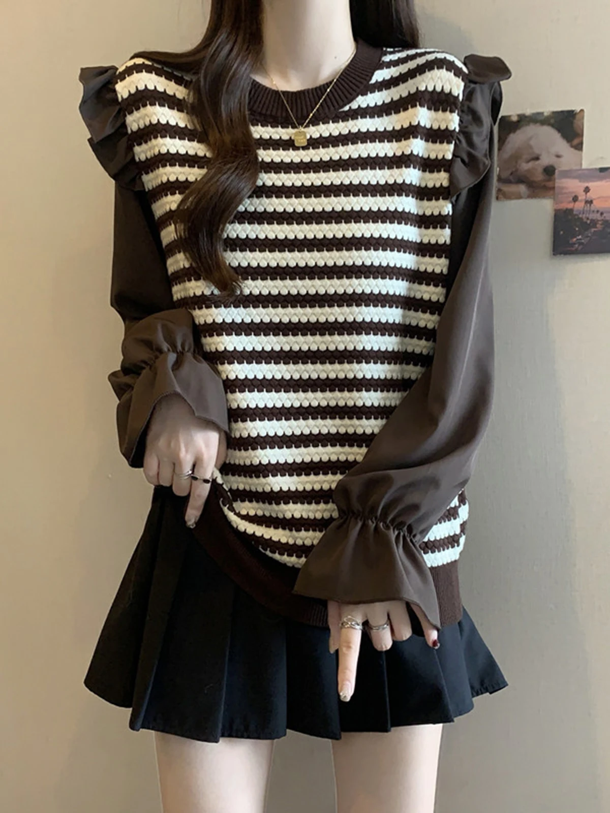 Plus size Patchwork Fake Two Pieces Stripe Lace Sleeve Knit Women Autumn and Winter Fat Sister Slimming Versitile Fashion Bot...