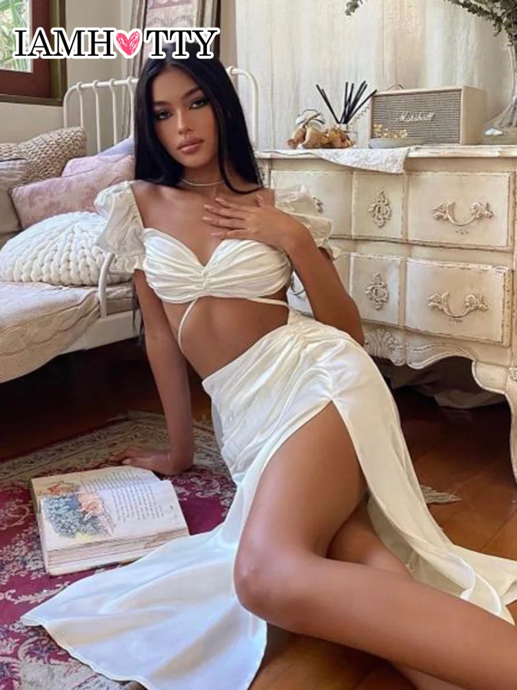 

IAMHOTTY короткий топ с пышными короткими рукавами и сексуальная Длинная юбка с разрезом, комплект из двух частей, женский элегантный наряд, юбк...