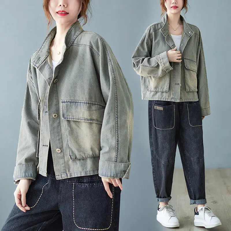 

Vintage Denim Jacket Women's Spring Autumn 2022 Large Size Loose Casual Wash Old Short Coat Tooling Jeans Jaqueta Feminina H174