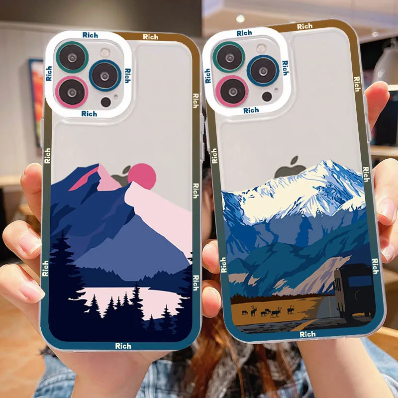 

Aesthetic Art Hand Painted Mountain Scenery Phone Case For iPhone 14 13 12 11 Pro Max Mini X Xs XR 6 7 8 Plus SE 2020 Case