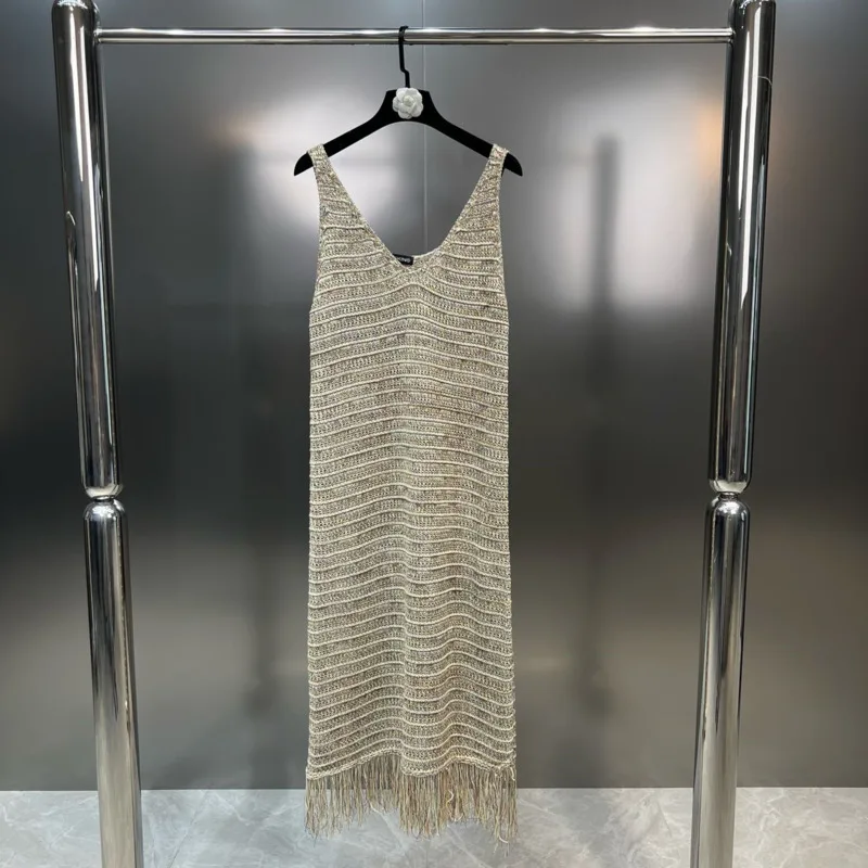 

BORVEMAYS Patchwork Tassel Dress Casual Loose Sleeveless V Neck 2023 Summer New Contrasting Colors Dresses Women WZ3562