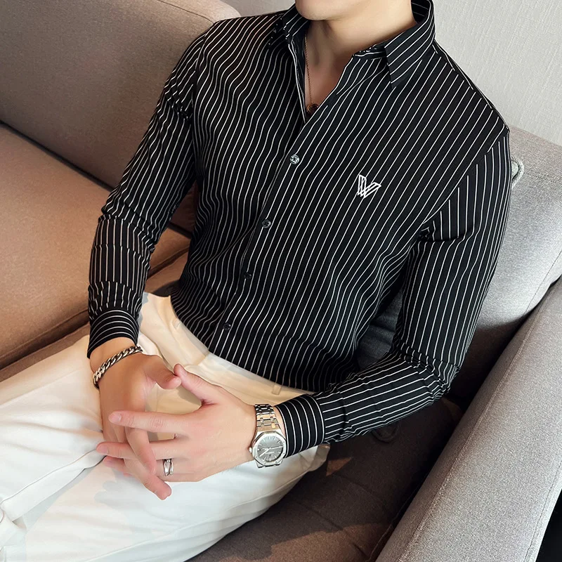 

Mens Fashion Long-Sleeve Slim Social Casual Shirts Men Striped Dress Shirts New Male High Stretch Business Formal Dress Shirts