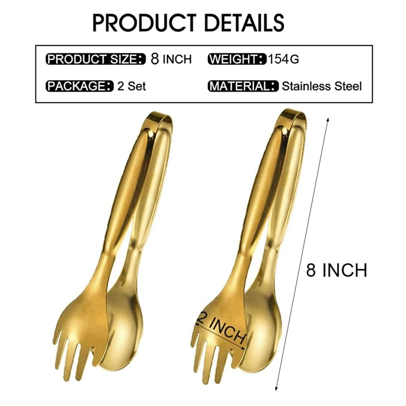 

2-Piece Salad Tongs Buffet Tongs Non-Slip Easy-To-Hold Stainless Steel Gold-Plated Self-Service Tongs (8 Inches)