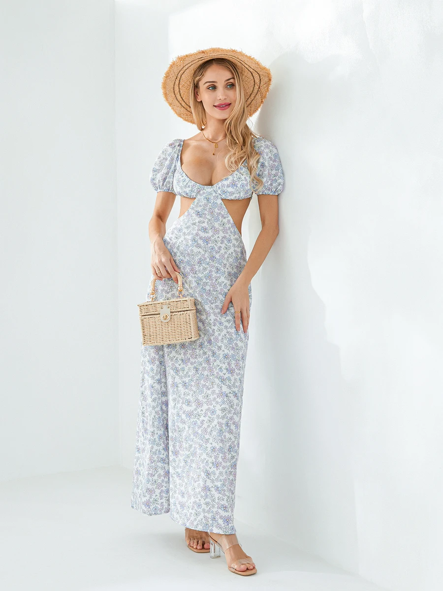 

Women’s Floral Print Hollow Out Long Dress Summer Short Sleeve Strappy Backless Sweetheart Neck Dress Beachwear