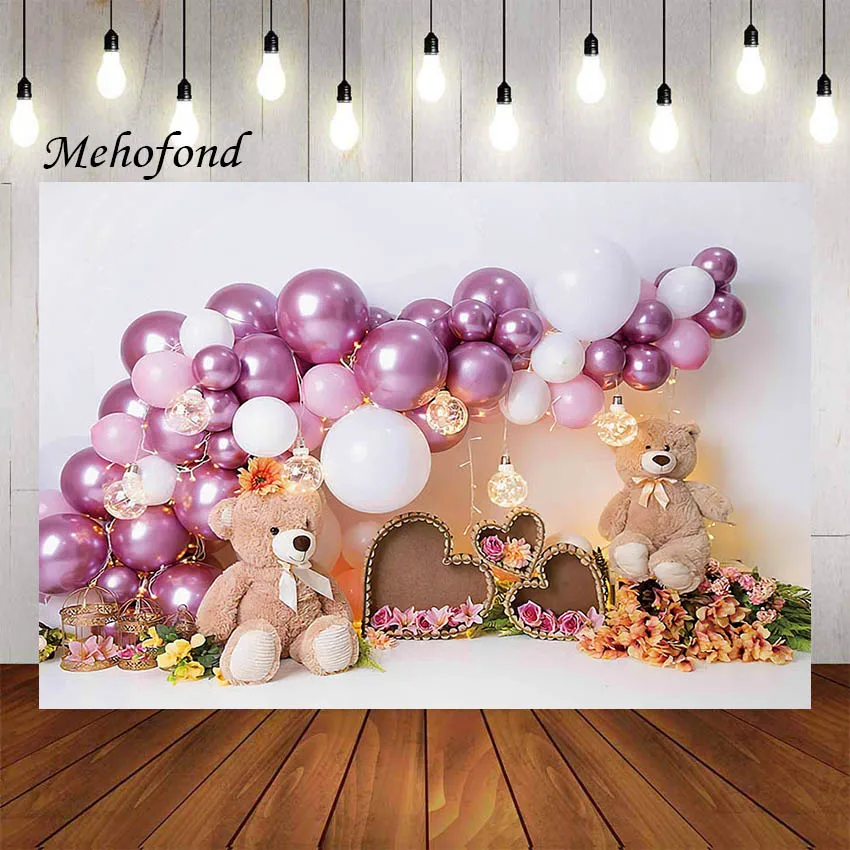 

Mehofond Photography Background Baby Bear Pink Floral Balloon Girl Birthday Party Cake Smash Portrait Decor Backdrop Photo Studi