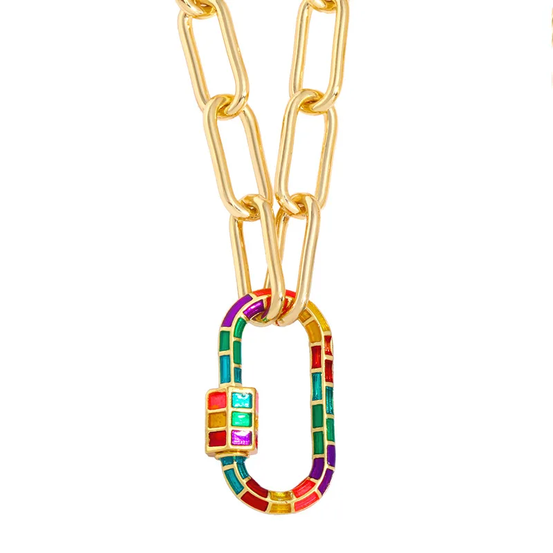 

Hip Hop Unisex Colorful Oval Pendant Necklace Ins Fashion Gold Color Thicken Cuban Chain Necklaces Women Jewelry